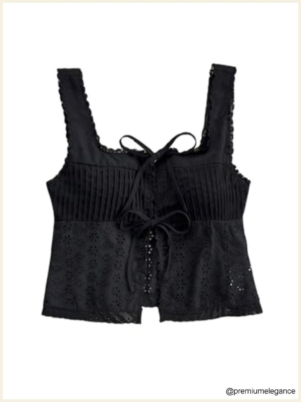 Eyelet Embroidery Tank Crop Top Square Neck Knot Front Pleated Summer Shirt